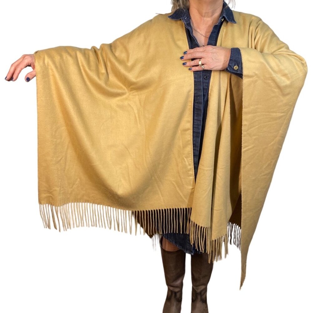 Lord & Taylor beige tan camel Acrylic Fringe Shawl Wrap poncho soft! OS